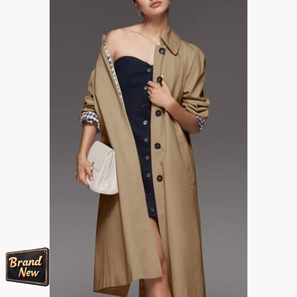 Oversized Long Trench Coat Single Breasted Windproof Plaid Lined Outerwear - Picture 5 of 7